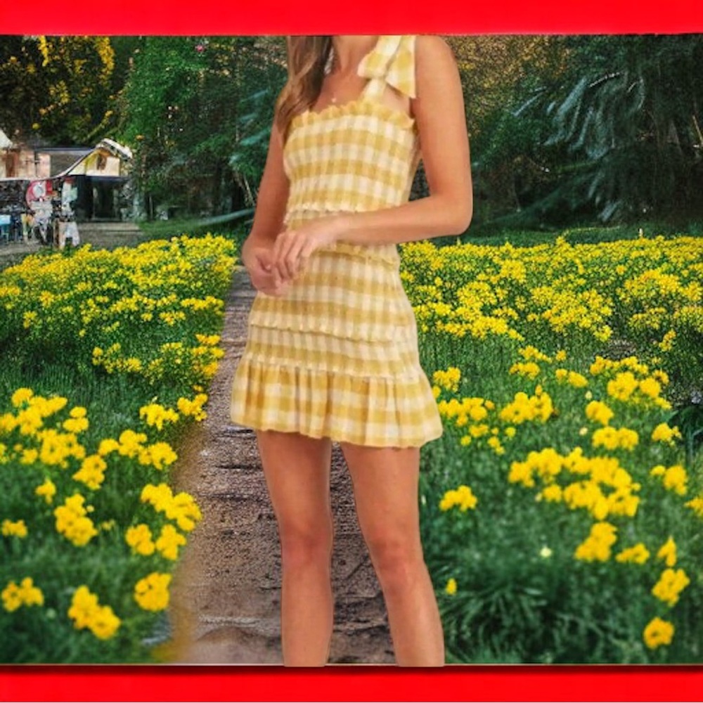 Sincerely Jules Gingham Print Yellow Mini Dress Smocked